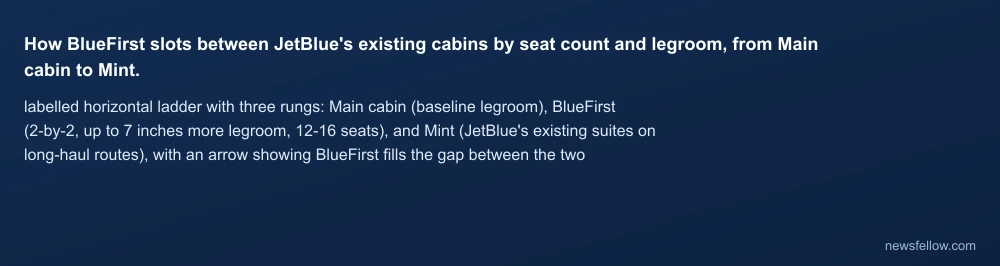 How BlueFirst slots between JetBlue's existing cabins by seat count and legroom, from Main cabin to Mint.