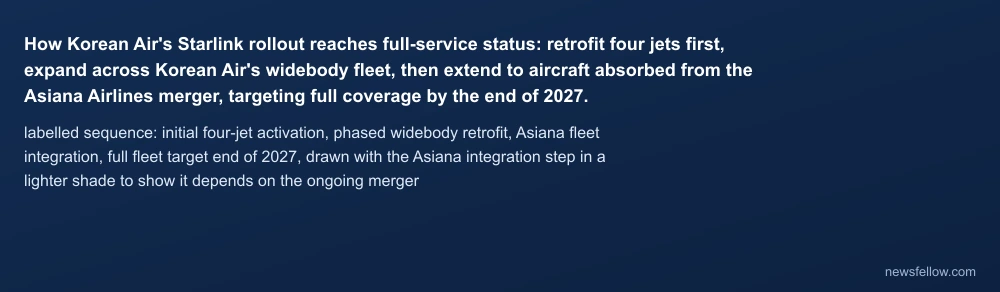 How Korean Air's Starlink rollout reaches full-service status: retrofit four jets first, expand across Korean Air's widebody fleet, then extend to aircraft absorbed from the Asiana Airlines merger, targeting full coverage by the end of 2027.