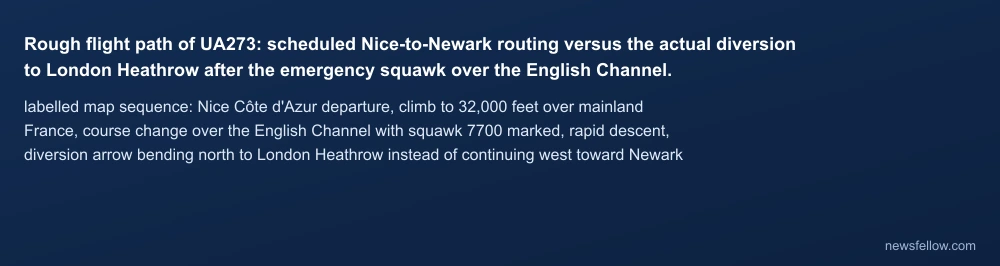 Rough flight path of UA273: scheduled Nice-to-Newark routing versus the actual diversion to London Heathrow after the emergency squawk over the English Channel.